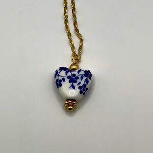 White Ceramic Heart Pendant Necklace with Blue Flowers on Gold Tone Chain